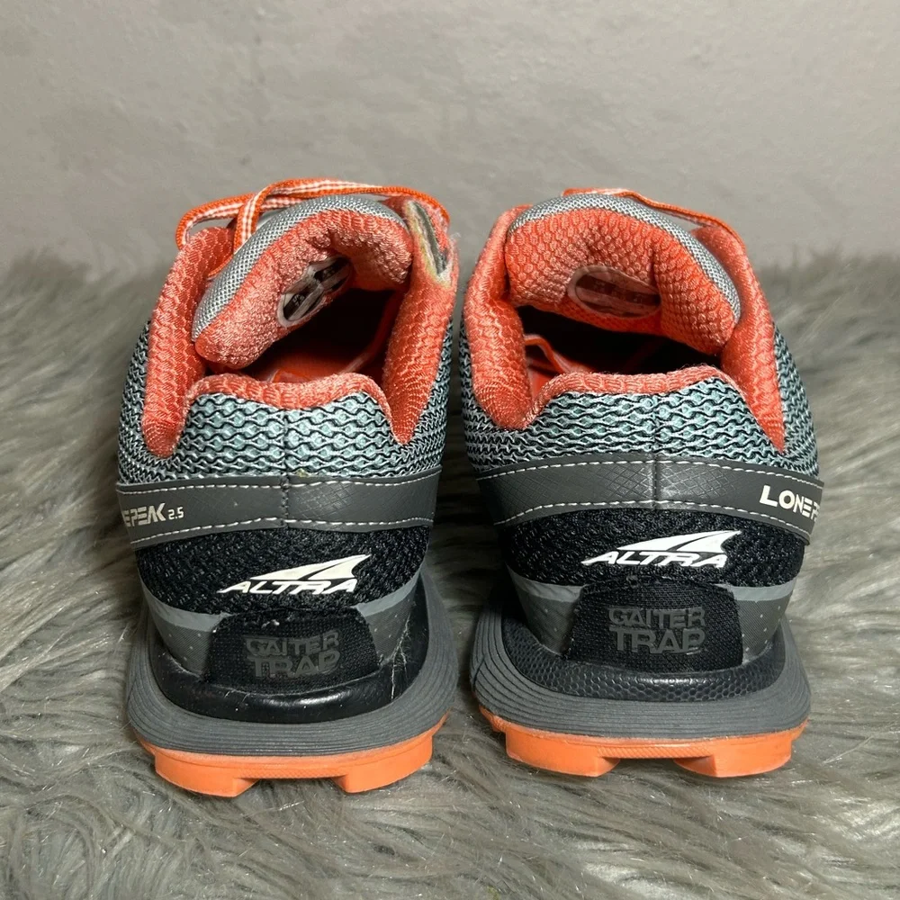 Altra Lone Peak 2.5 Running Black Gray Mesh Red Accents Trail Sneaker Size 7.5